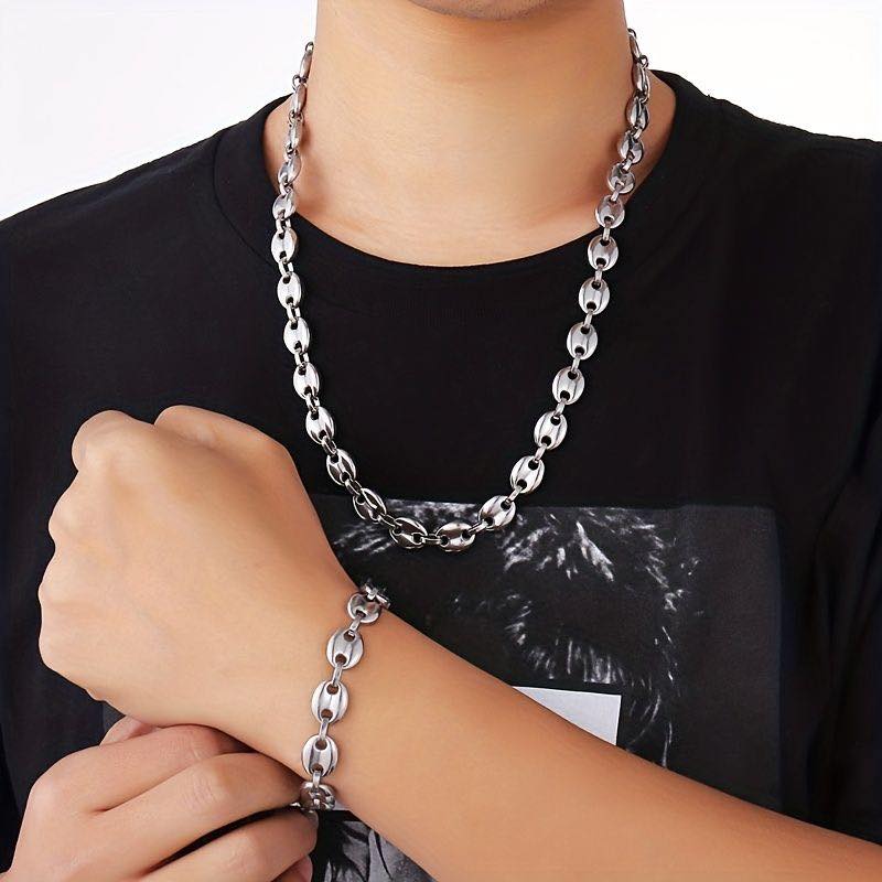 PARURE Collier + bracelet grain de café acier