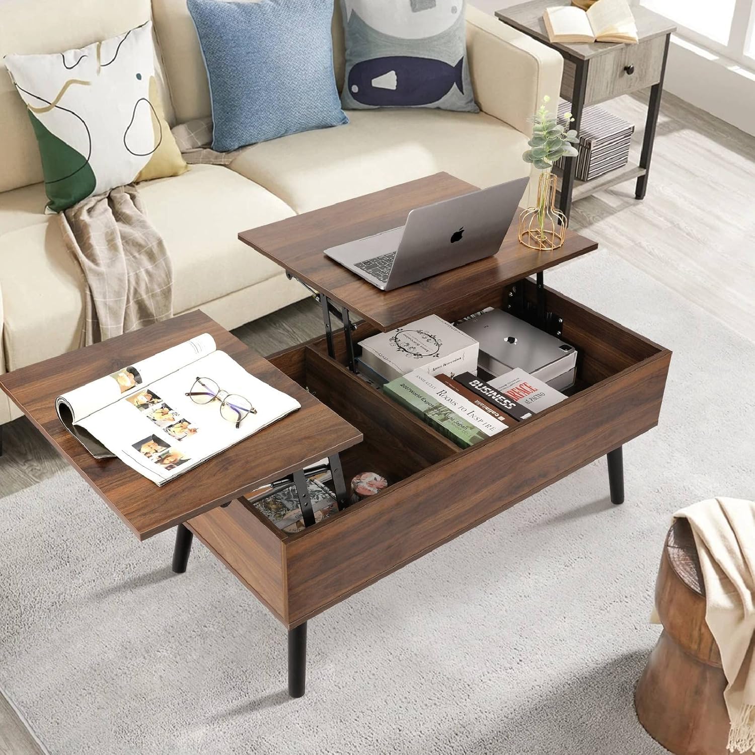 Table Basse Multifonction à Plateaux Relevables
